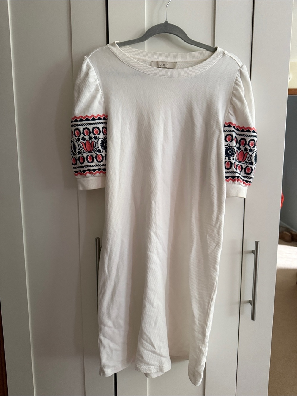 LOFT White Knit Shift Dress with Embroidered Puff Sleeves